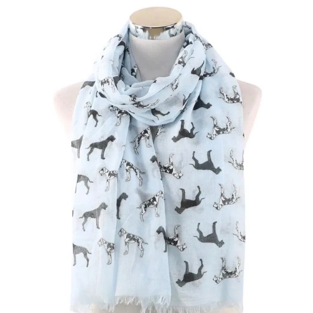 Great Dane Dog Print Scarf Light Blue Sheer Lightweight Eyelash Fringe Wrap